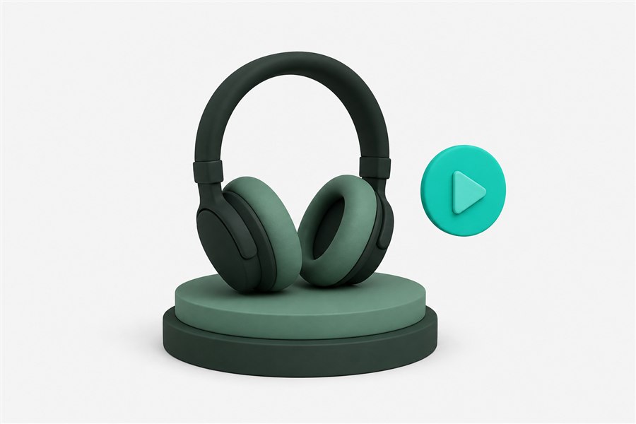 Fone de ouvido sobre pedestal com botão de play